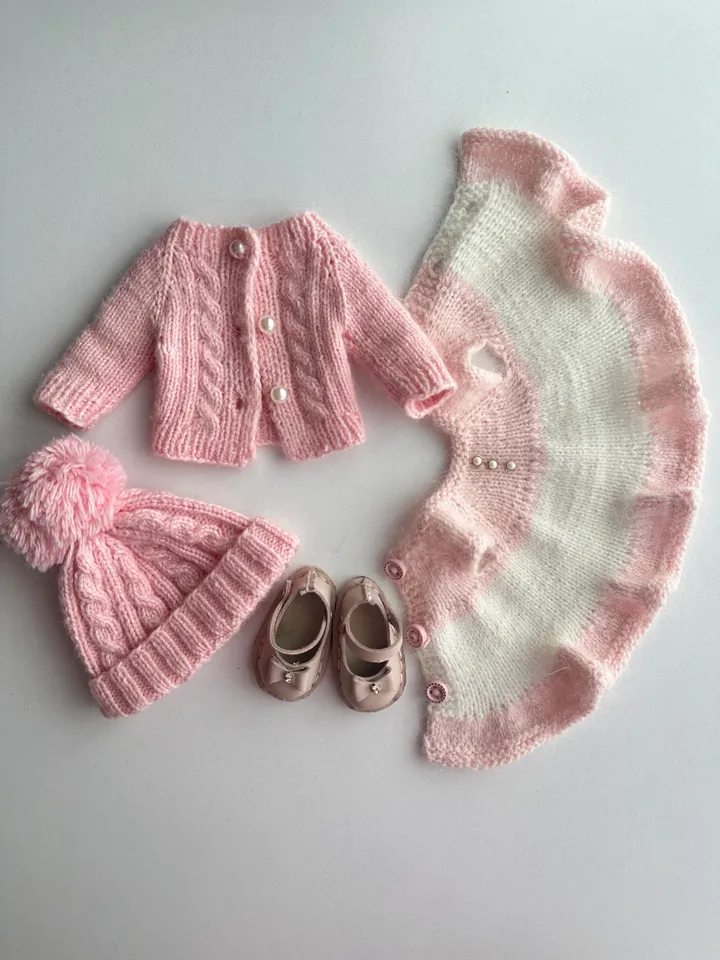 Paola Reina Doll 4 ITEMS Set: Exclusive Handmade Outfit - Dress, Cardigan, Pompon Hat, Leather Shoes