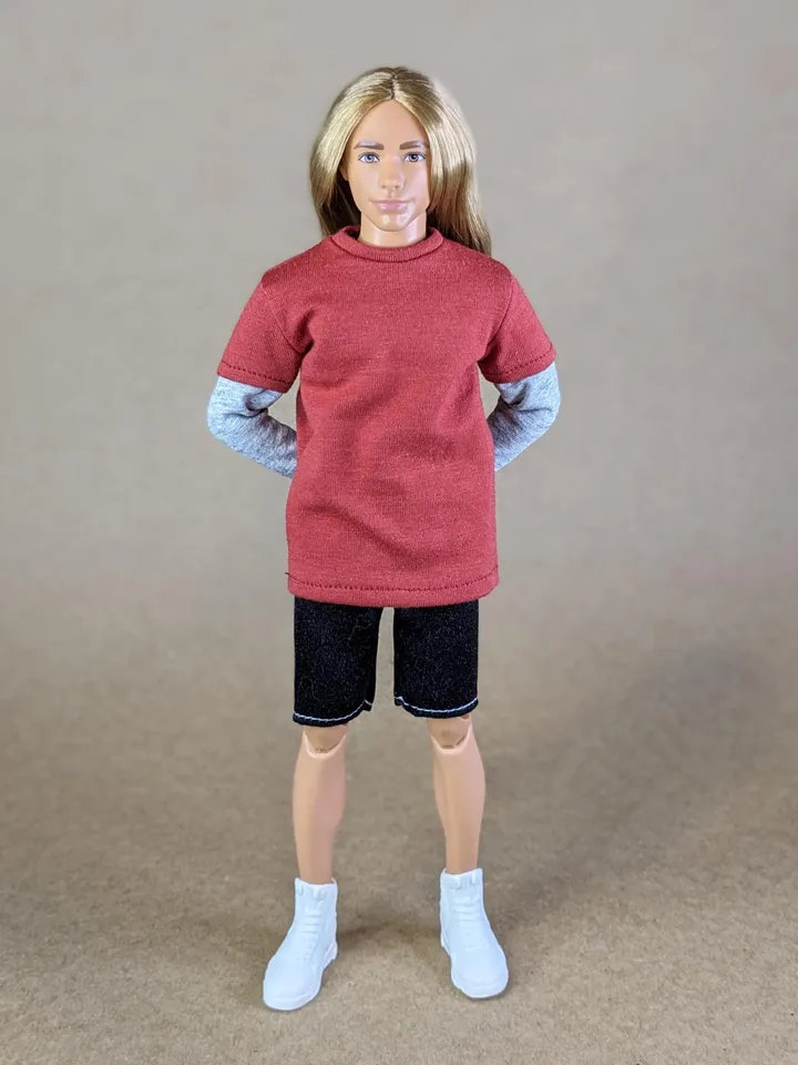 Red & gray long-sleeve T-shirt for 12-inch fashion male dolls