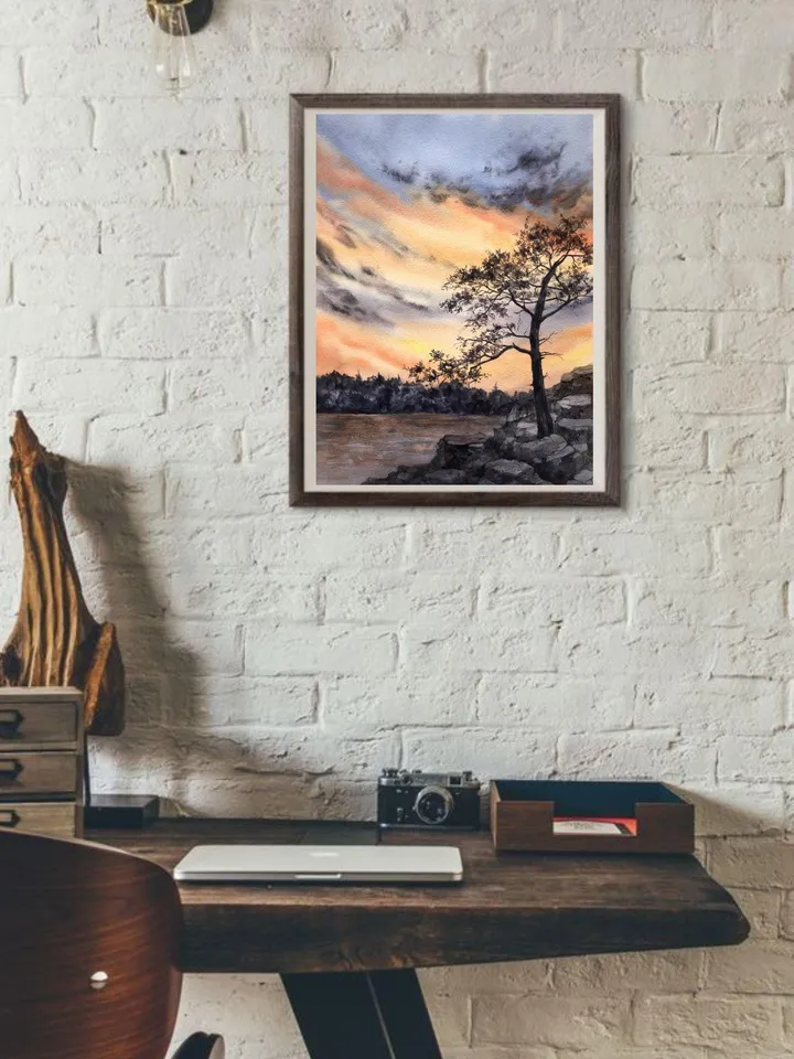 Sunset Original Painting Forest Watercolor Painting Trees Landscape Wall Art