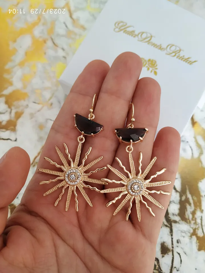 Art Deco Wedding Earrings, Gold Black Boho Bridal Earrings, Sun Celestial Statement Wedding Earrings For Bride, Star Bridal Earrings Jewelry