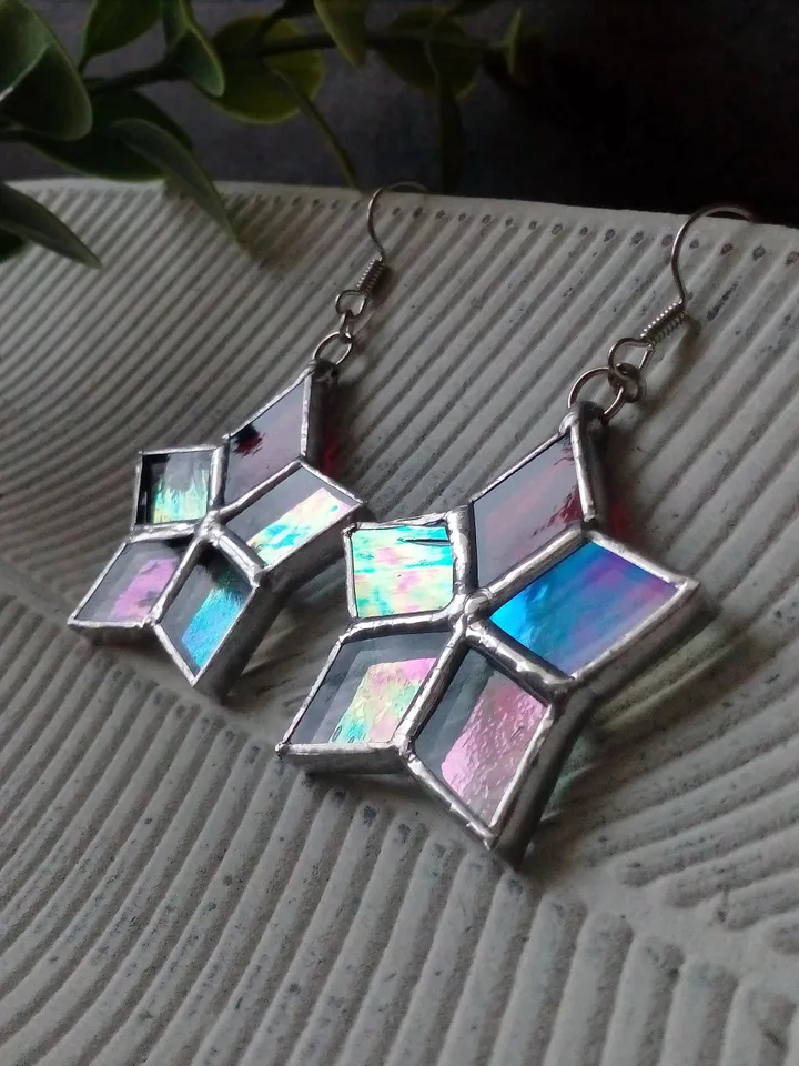 Star drop earrings, flower dangle earrings, geometric earrrings, Iridescent drop earrings, simple stained glass