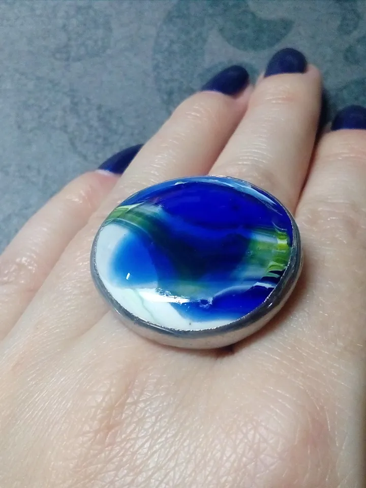 Blue Glass ring, fused cosmic universe ring, Fusing sea ring, Mermaid ring, Ocean wave ring, Tin soldered ring