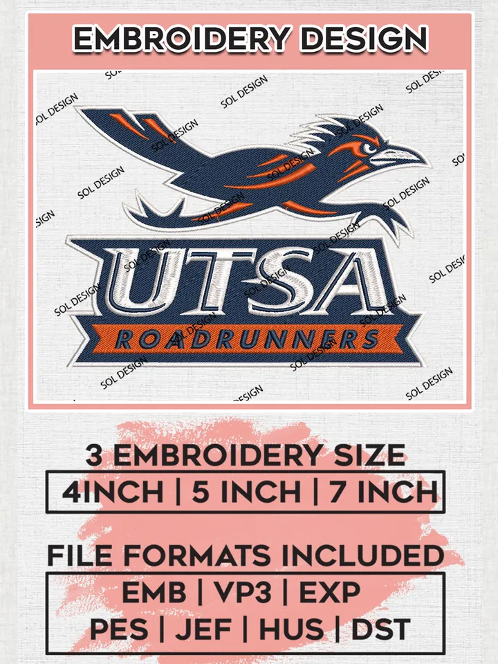 UTSA Roadrunners College Football Team Logo Embroidery Design Files, NCAA UTSA Roadrunners Machine Embroidery, NCAA Teams, 3 sizes, NCAA Machine embroidery designs, Digital Download