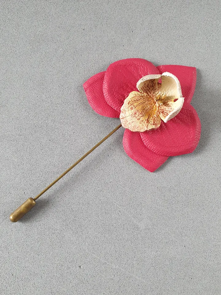 Burgundy orchid men's lapel pin Leather boutonniere for him 3rd anniversary gift, art.35