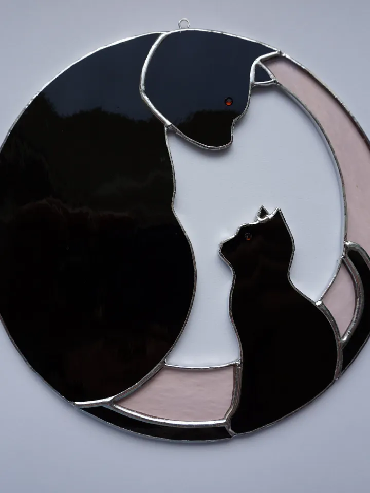 Black Cat with Kitten . Art stained glass window hanging Suncatcher . Gift for animal lover , pet loss memorial