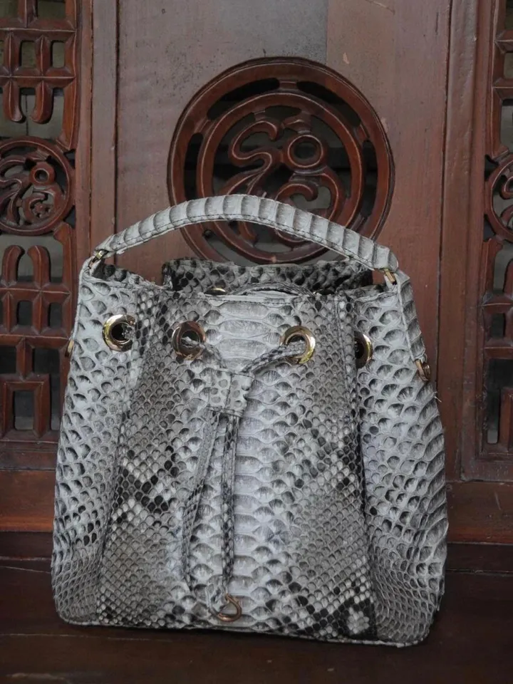 Genuine python skin grey bucket crosshandle bag/ designer women purse | classy elegant crossbody bag | exotic leather bags | gift idea