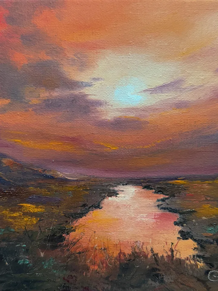 Sunset Oil Painting Rustic Wall Art Field Original Painting