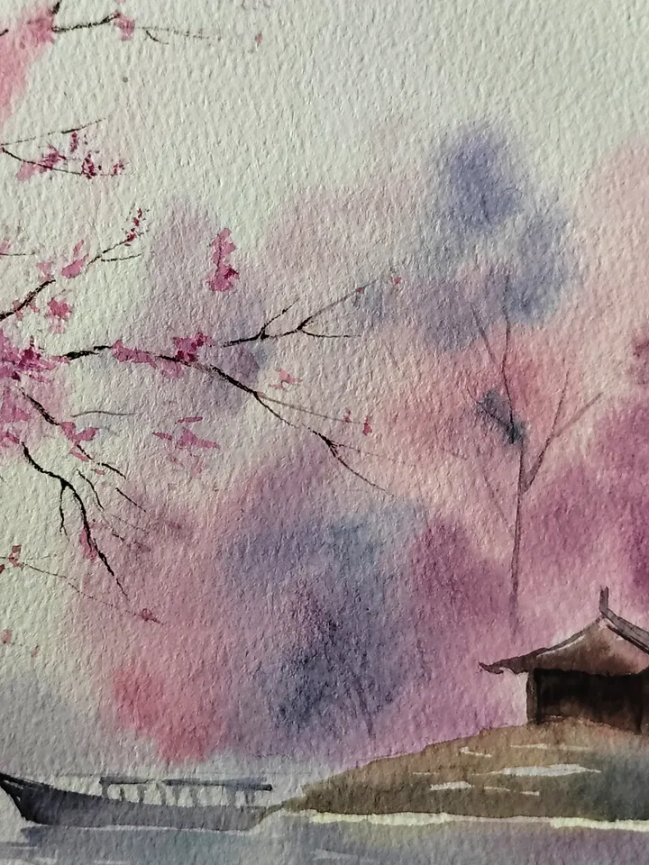 Original Watercolor Painting Japan Landscape Art Sakura blossoms Artwork 27x39 cm by SoftWaves