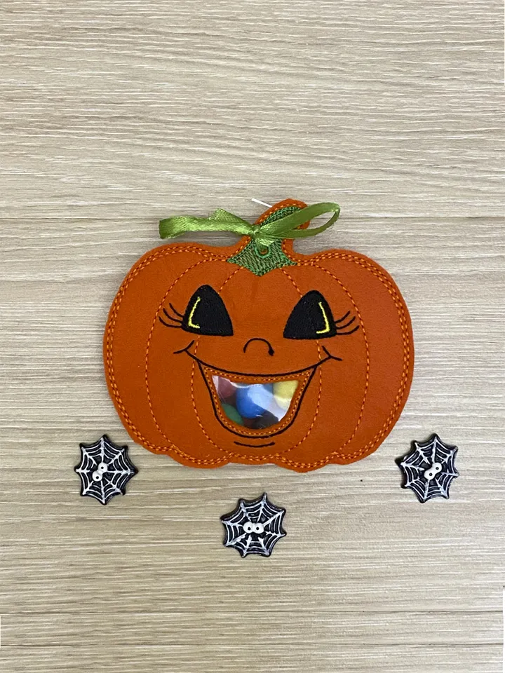In The Hoop Machine Embroidery design ITH Peekabo Bag Halloween Pumpkin Treat Bag ITH Pattern. Included 5 sizes!