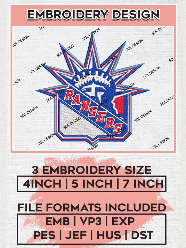 NHL Rangers Head Logo Embroidery Files, NHL New YNew York Rangers Team Embroidery Designs,  NHL Embroidery Designs, NHL Machine Embroidery Designs, Digital Download