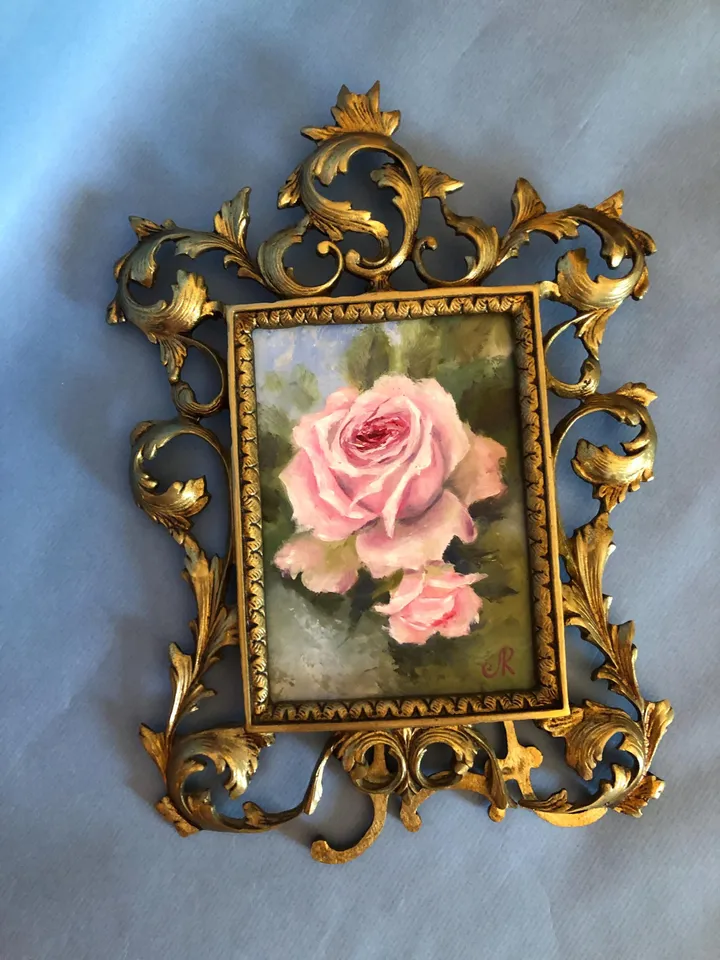 Pink Roses Painting Framed Antique Metal Frame Shabby Chic Painting