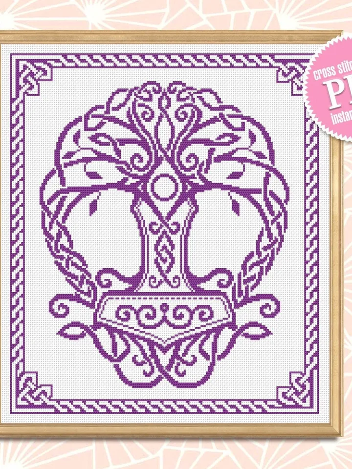 Thor hammer cross stitch pattern download PDF Celtic knot cross stitch chart, Tree of life cross stitch, Modern mandala pattern digital #M41