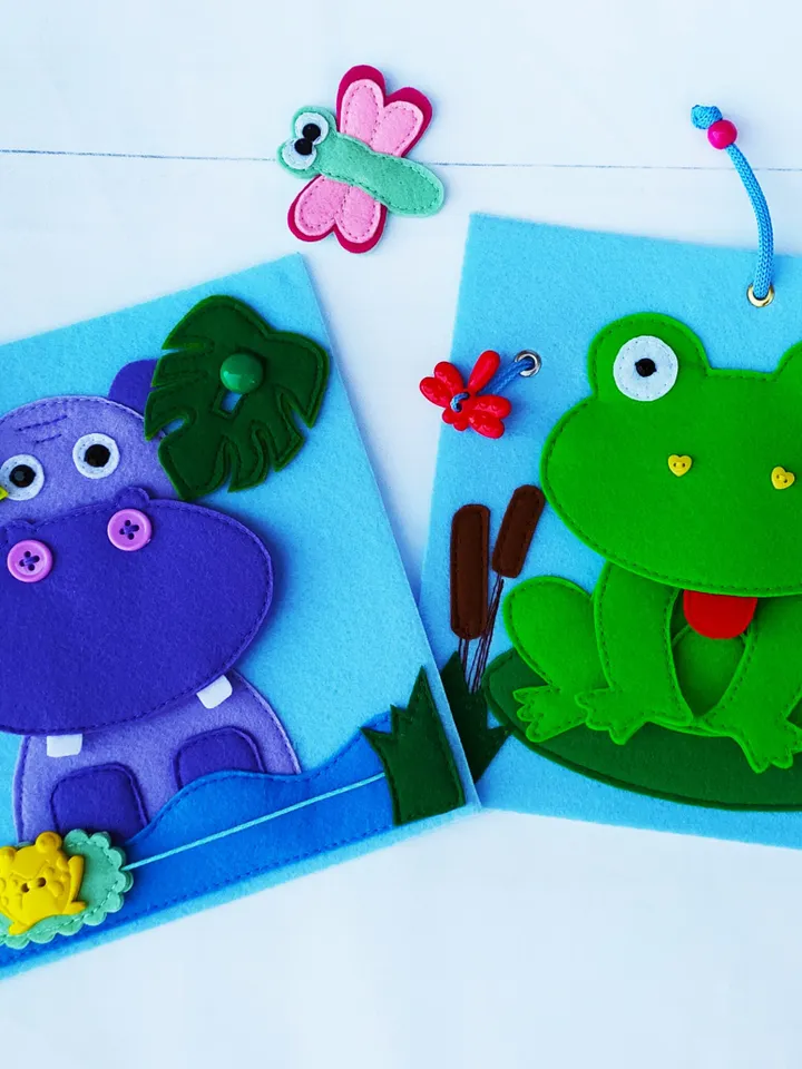 Hippo & Frog Quiet book Pattern pdf , Felt book pattern svg, Soft sensory book template, Busy book sewing ideas for kids 2, 3, 4 year old