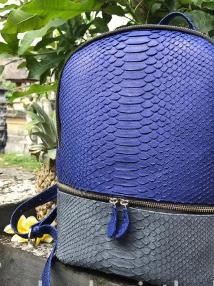 Genuine python skin blue and grey backpack / Trendy woman fashion bag | exotic leather bags | Woman sport purse | handmade leather bags