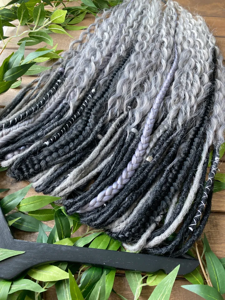 Black and gray synthetic crochet curly Double ended Dreads Ready to ship