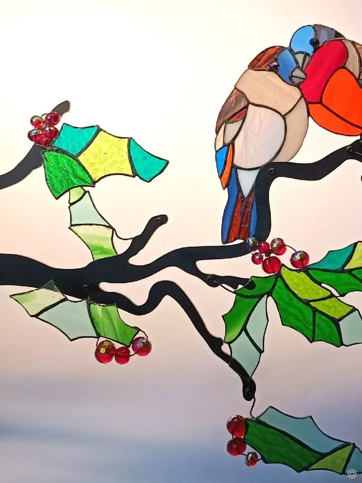 Lovebirds – Bullfinches on a Branch, Lovebirds Stained Glass Panel, Stained Glass Bullfinches on Branch, Romantic Bullfinches in Winter Art, Handcrafted Stained Glass Lovebirds, Winter Birds Stained Glass Decoration, Bullfinches with Berries Stained Glass