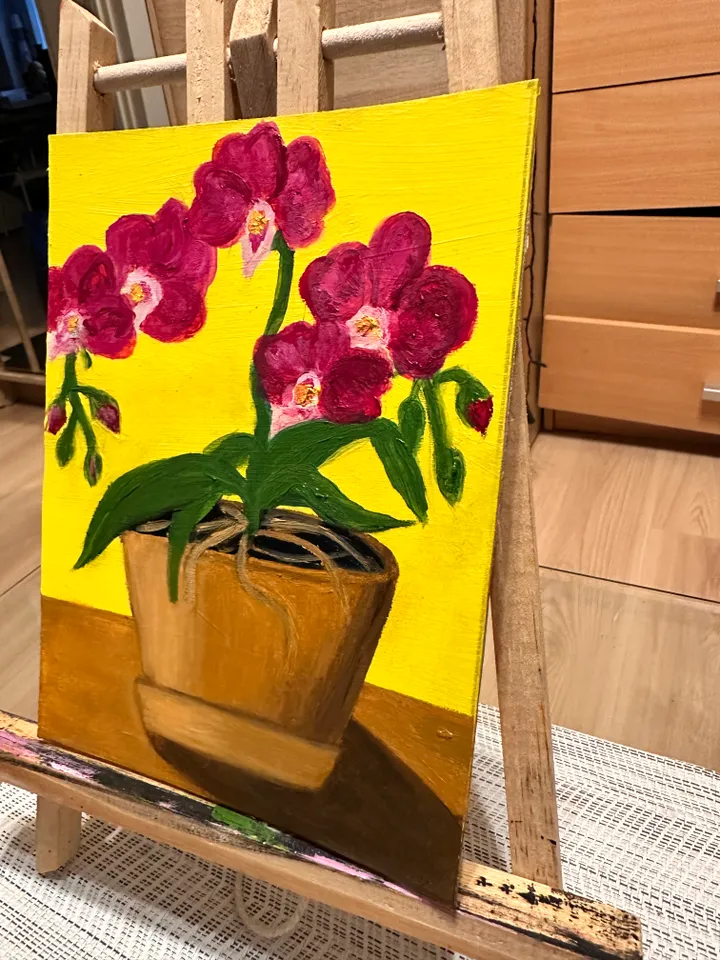 Oil Painting Orchid In a Pot Home Indoor Plants Flowers Nature Floral Art Wall Decor Miniature New Unframed Cardboard 8x6 Inches 21x15 cm
