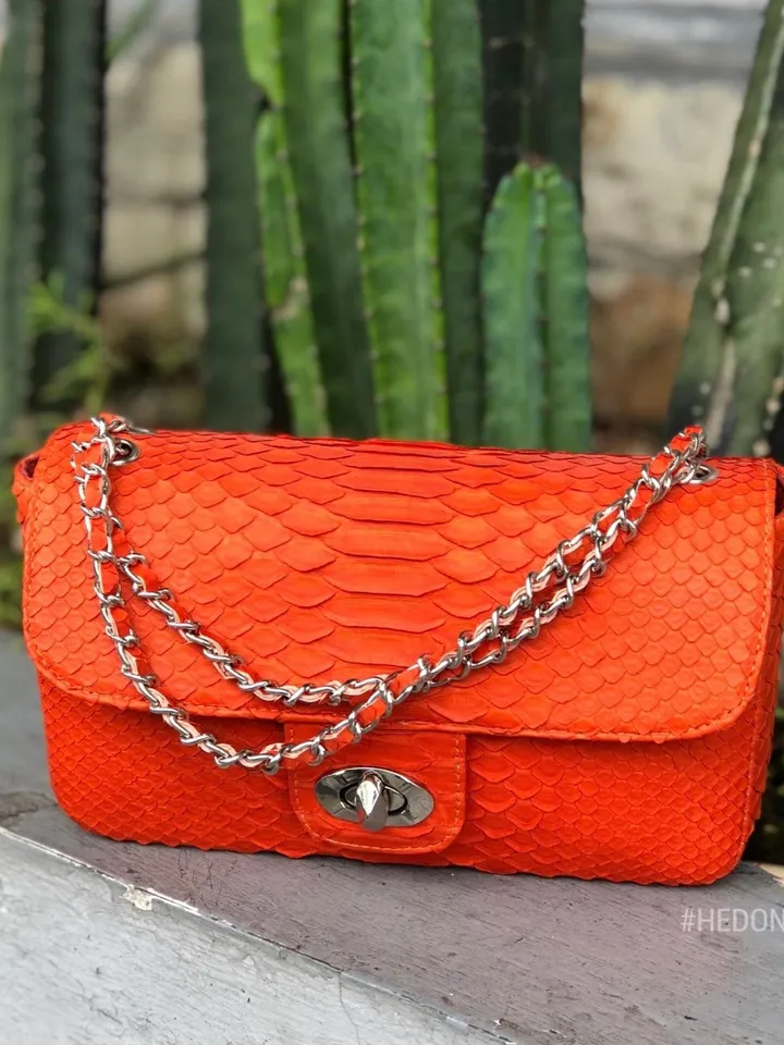 Orange Genuine Python Skin Bag | Exotic lethaer Bags | Leather Women Chain Crossbody | Classy Summer Bag | Leather Handmade Bags | Purses