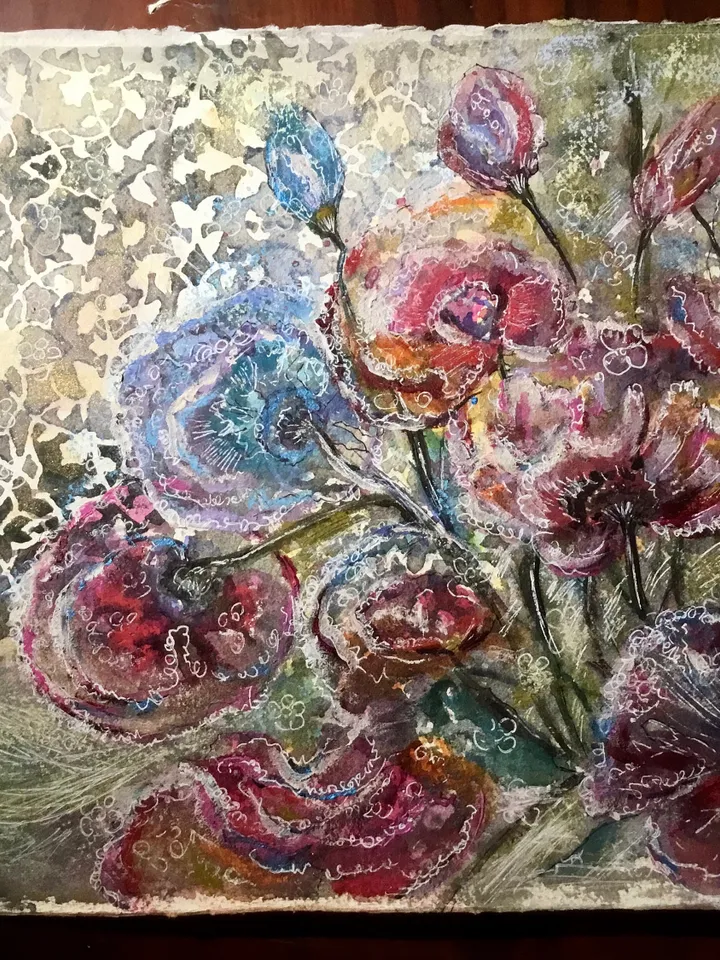 Fantasy abstract flowers,original mix media artwork,watercolor and acrylic painting on watercolor paper,modern floral decoration wall art.