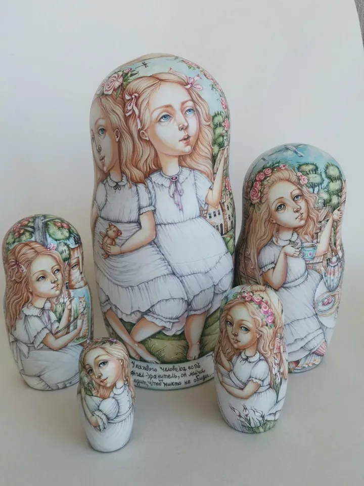 Matryoshka "Girls and Angels". Set of 5 dolls. 9inch.