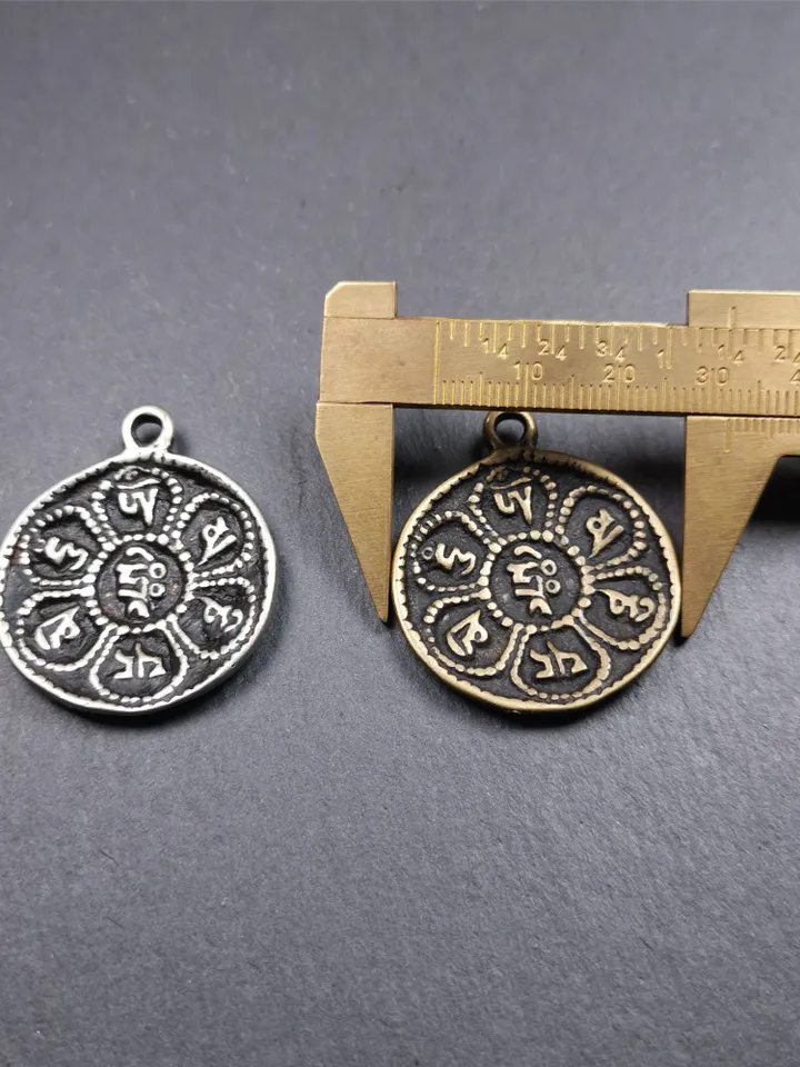 Gandhanra Handmade Tibetan Buddhist Amulet,Om Badge Pendant, Mantra of Om Mani Padme Hum, Made of Brass,1.26"