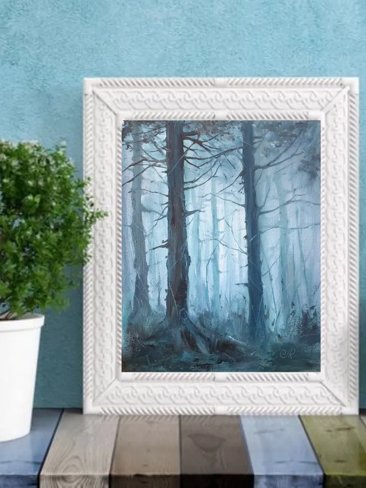 Original Oil Landscape Trees Painting Foggy Forest Wall art Forest Painting