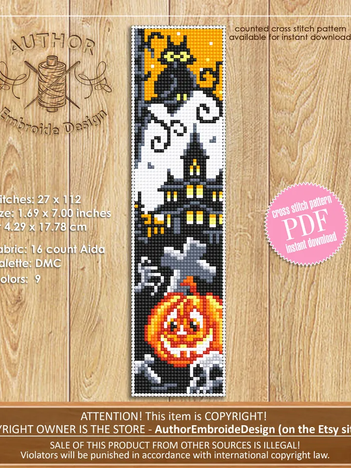 Halloween bookmark set cross stitch pattern download PDF Handmade bookmark cute Halloween embroidery Kawaii Halloween Book lover gift #B56