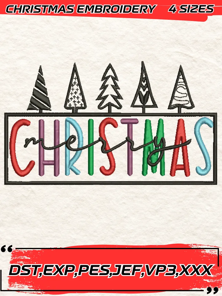 Merry Christmas Embroidery Design,Christmas Embroidery Design,4 Sizes, Digital Download