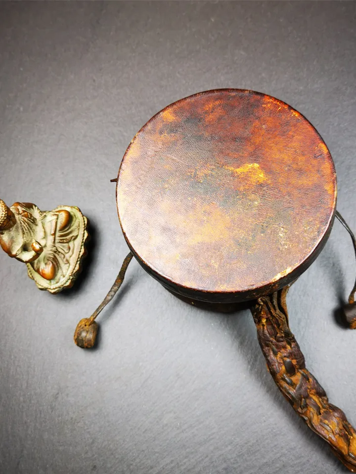 Gandhanra Vintage Tibetan Tantric Buddhist Ritual Implement Chod Drum,Damaru,Religious Ceremonial,4.15",80 Years Old.