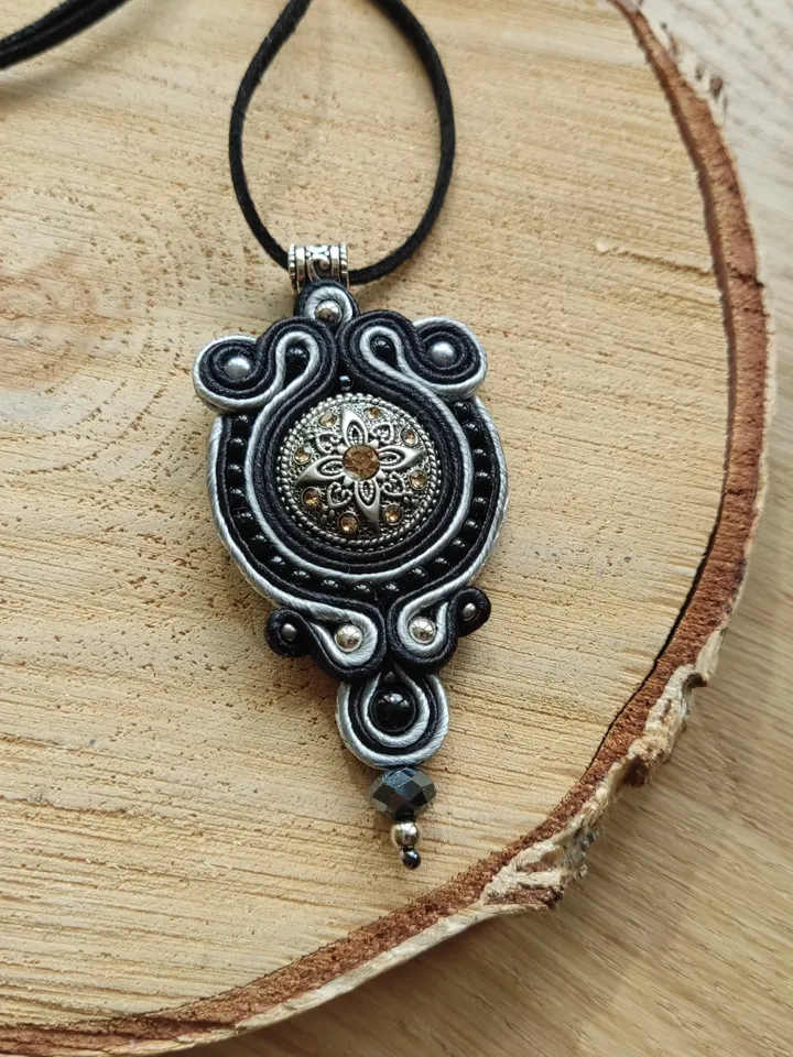 Black boho necklace, Soutache pendant, Embroidered necklace, Ethnic necklace, Mandala