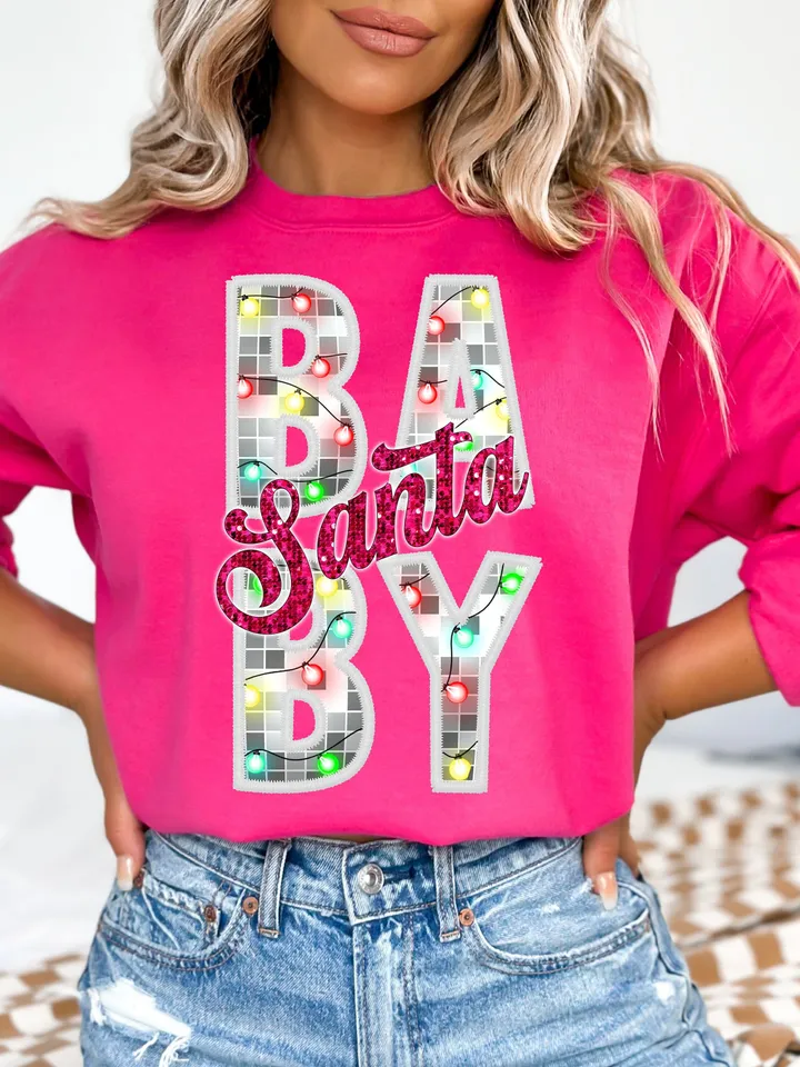 Santa PNG Santa Baby Faux Glitter Sequins Embroidery Letters PNG Pastel Christmas PNG Christmas Lights, Trendy Pink Christmas sublimation