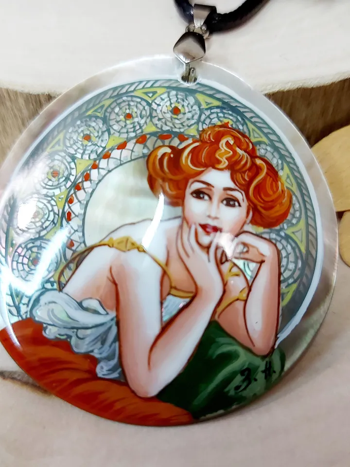 Pendant Alphonse Mucha Dream. Mother-of-pearl Hand-painted Russian jewelry magic of painting fine art jewelry Art gift Fedoskino Collectible