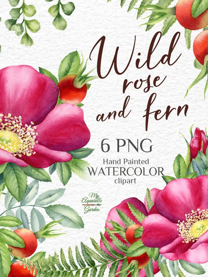 Wild rose and fern garlands wreaths Rosehip Botanical images Wedding decor Baby shower Holiday wishes Wall art Scrapbooking Printable PNG