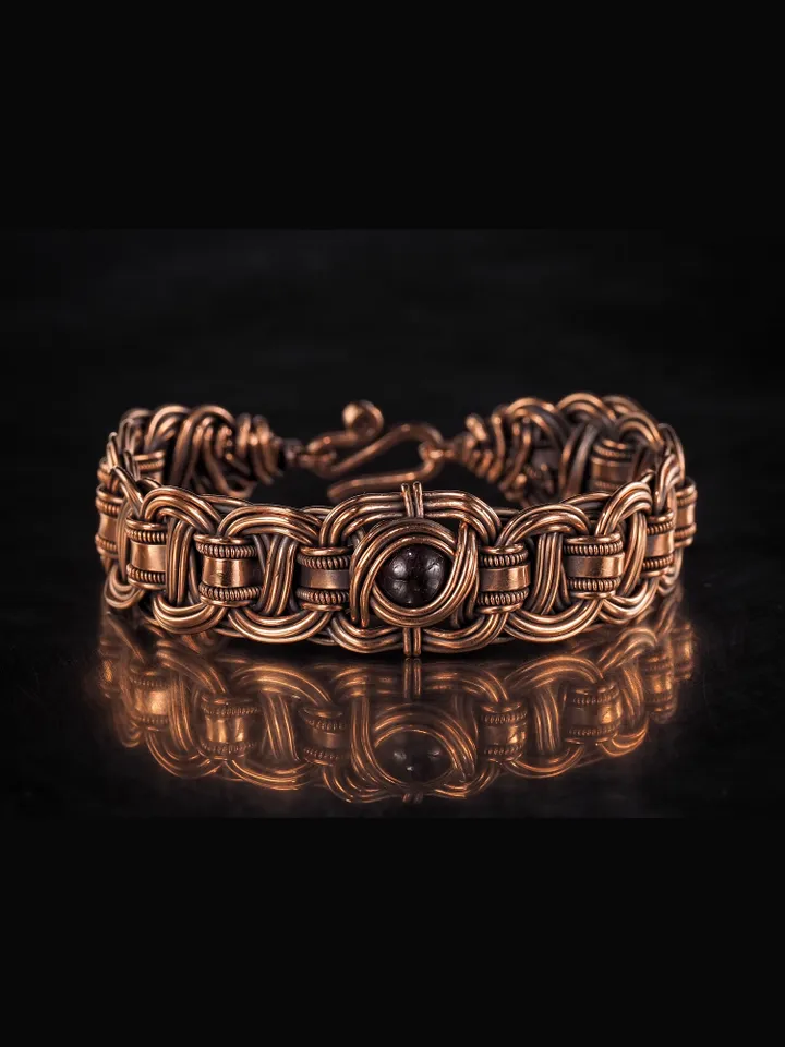 Copper wire wrapped garnet bracelet Unique bangle 7th Wedding Anniversary