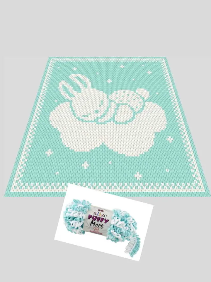 Loop yarn Finger knitted Bunny on the cloud blanket pattern