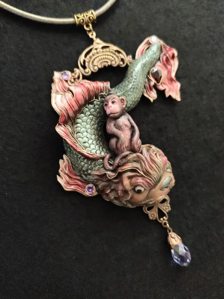 Art Nouveau Necklace Monkey on a Dolphin based on an engraving by Gustav Dore