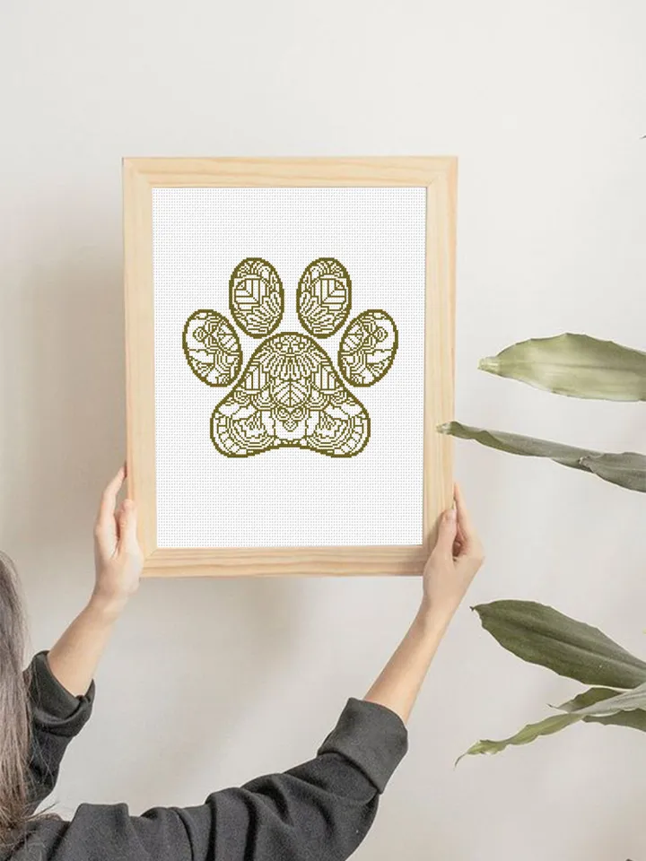 Mandala cat paw cross stitch pattern PDF download Monochrome mandala cross stitch chart, Mandala ornament embroidery PDF, Home decor #M224