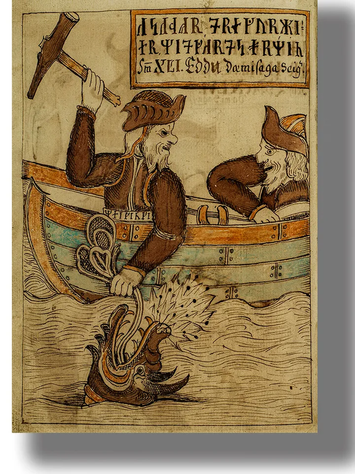 Thor and a giant Hymir catch Jormungandr.