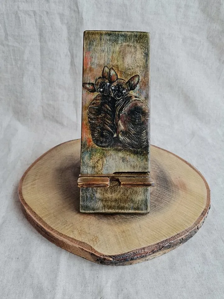 Cat phone holder Original painting on wood Cell phone holder Two Sphinx cat art