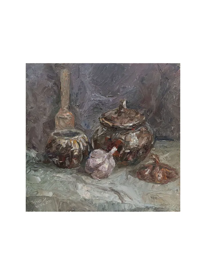 Garlic PAINTING 8,7x9,1" ORIGINAL ART Kitchen Artwork Ceramic Pots Still Life Signed by artist Marina Chuchko