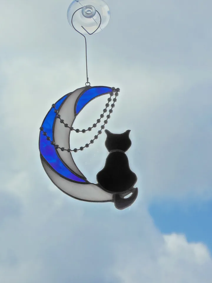 Black Cat On Moon with Chains . Art stained glass hanging Suncatcher . Gift for animal lover , pet loss memorial White , blue and black
