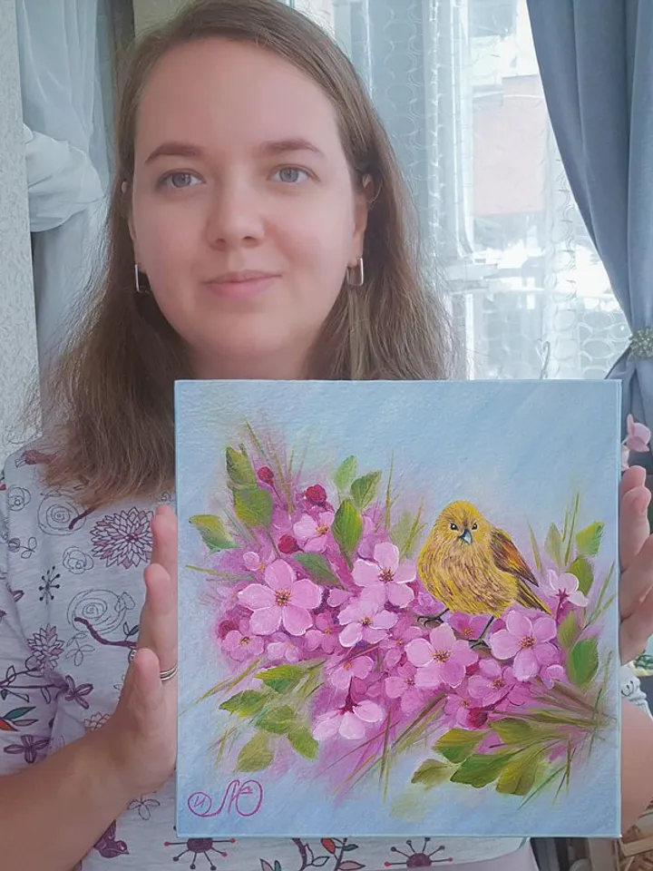 Bird Painting Cherry Blossom Original Art Animal Wall Art Spring Oil Painting