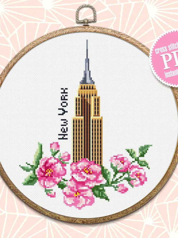 New York city cross stitch pattern download PDF Empire State Building digital Sakura flowers cross stitch chart United State pattern #E13