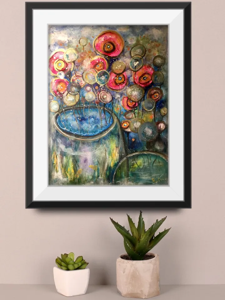 Foreign gardens-original watercolour mix media painting,fantasy flowers wall art,floral landscape,wall decoration,unique gift.