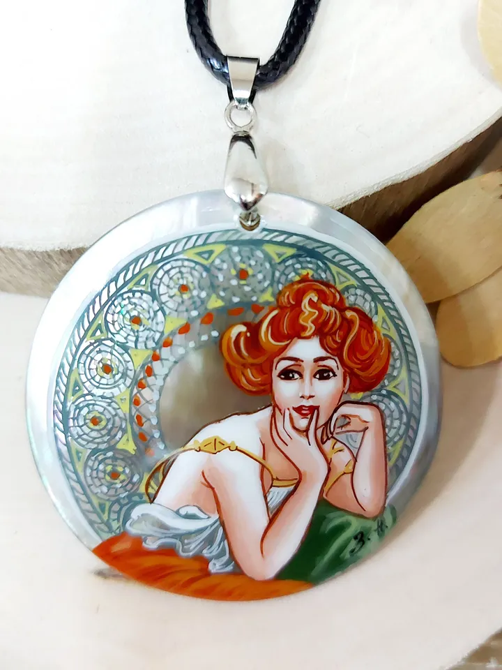 Pendant Alphonse Mucha Dream. Mother-of-pearl Hand-painted Russian jewelry magic of painting fine art jewelry Art gift Fedoskino Collectible