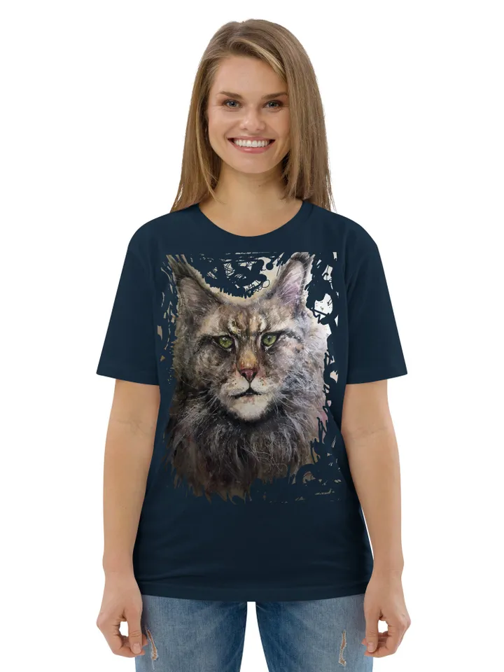 MeineCoon Unisex organic cotton t-shirt made with my original design watercolor meine coon cat painting artistic t shirts,unique design.