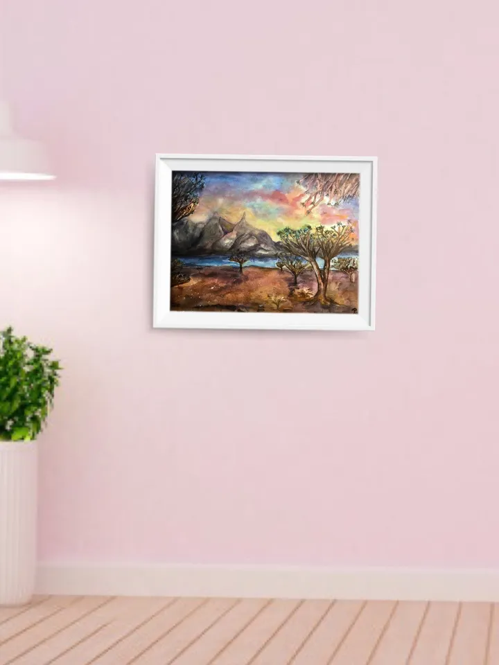 Dragon trees original watercolour african landscape painting.Landscape wall art.Original watercolour art. Sunset painting.Fantasy landscape.