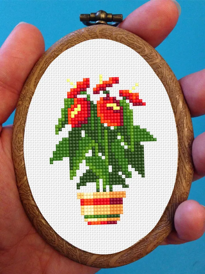 Red flower plant cross stitch pattern PDF download Simple mini cross stitch chart, Easy small cross stitch Anthurium, Plant lover gift #P20