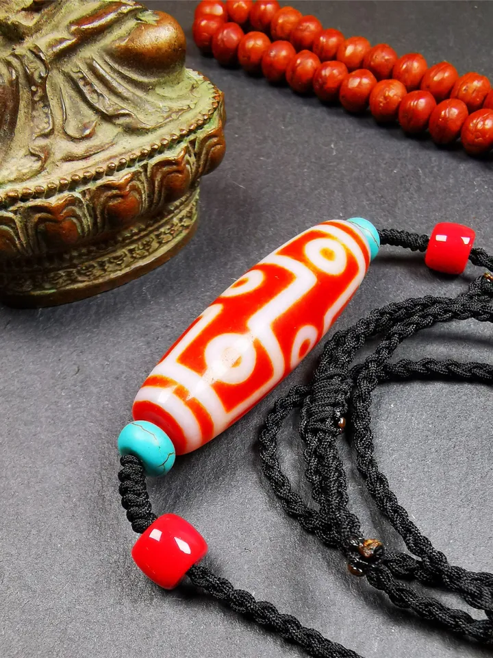 Gandhanra Unique Tibetan Fire Agate 9 Eyes Dzi Bead Necklace,1.93&quot; x 0.59&quot;