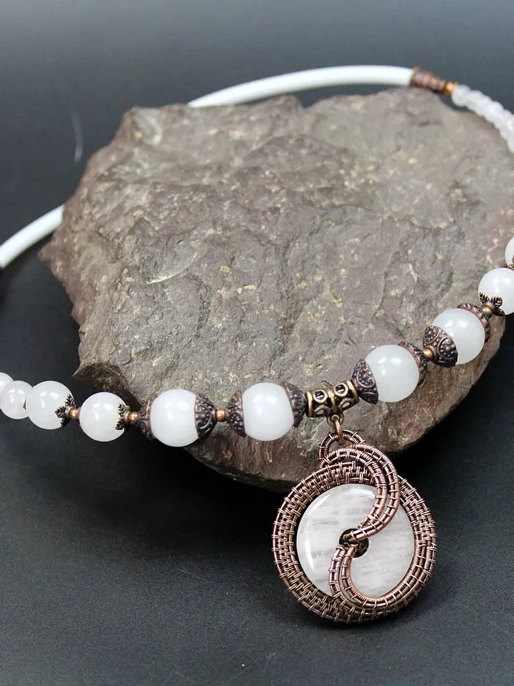 Copper Wire Wrapped Stone Donut Pendant Necklace.